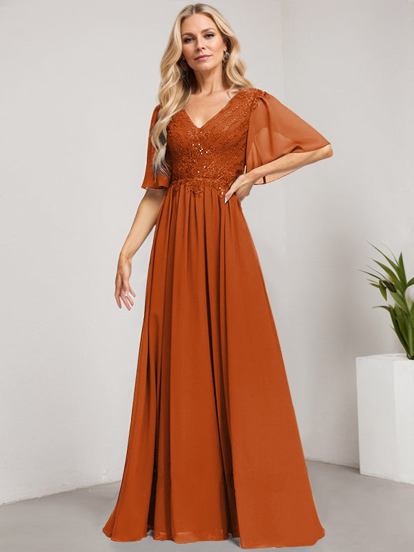 Robe mère de la mariée ligne A col en V longue en dentelle et chiffon avec sequins