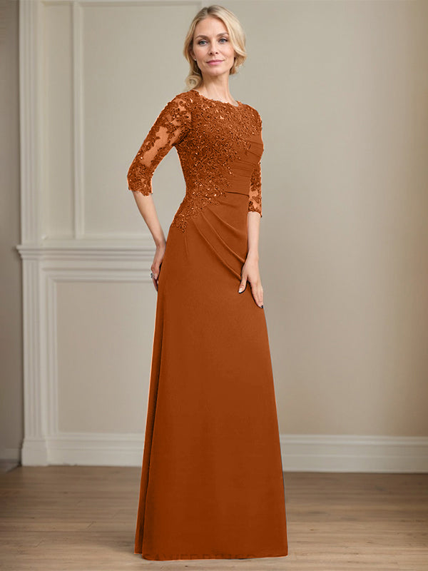 A-Linie Rundhals bodenlanges Chiffon Spitzen Brautmutterkleid mit Perlen Falten Pailletten