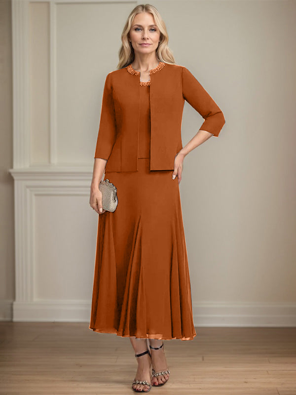 Separates A-Linien Chiffonkleid mit Rundhalsausschnitt, tea-length, Mutter der Braut mit Pailletten und Perlen