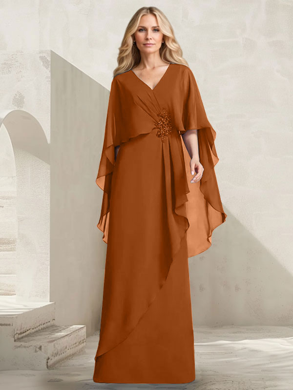 Robe mère de la mariée longue en chiffon coupe trapèze à col en V avec volants en cascade et perles