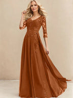 A-Linien V-Ausschnitt Bodenlanges Spitzen-Chiffon Kleid für die Brautmutter mit Pailletten