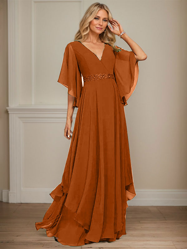 A-Linien V-Ausschnitt bodenlanges Chiffon-Mutter-der-Braut-Kleid mit Pailletten-Applikationen, Spitze und Perlen