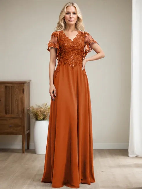A-Linien V-Ausschnitt Bodenlanges Spitzen-Chiffon Kleid für die Brautmutter mit Pailletten