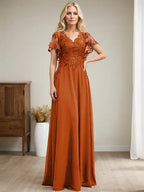A-Linien V-Ausschnitt Bodenlanges Spitzen-Chiffon Kleid für die Brautmutter mit Pailletten