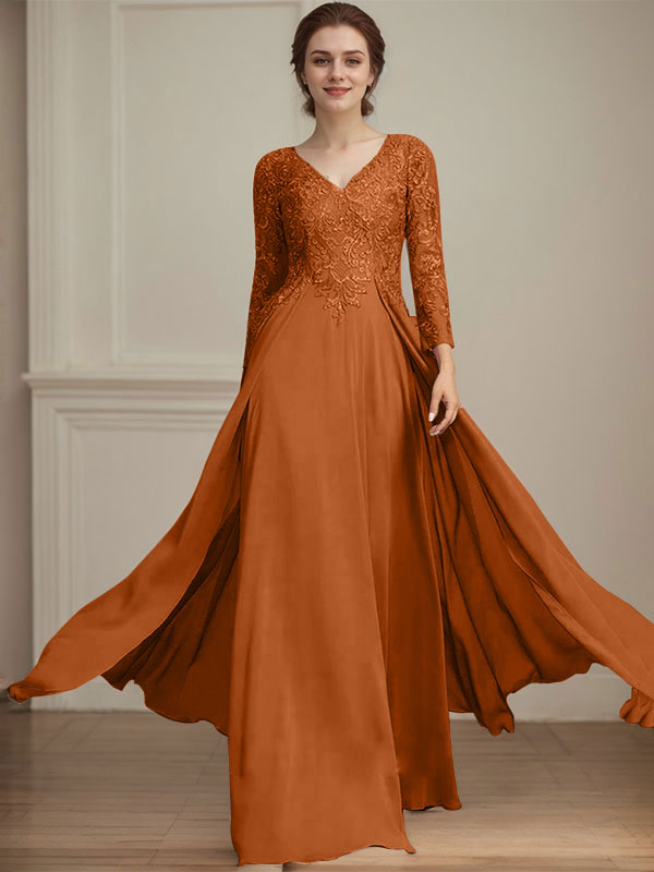 A-Linien V-Ausschnitt Bodenlanges Spitzen-Chiffon Kleid für die Brautmutter mit Pailletten