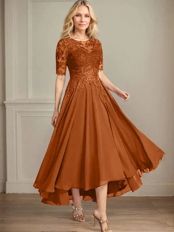 A-Linien Scoop-Ausschnitt Illusion asymmetrisches Chiffon-Spitzen-Mutter-der-Braut-Kleid mit Pailletten