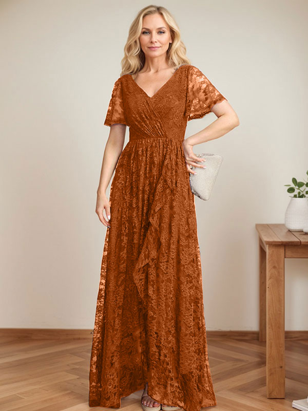 A-Linien Spitzen-Mutter-der-Braut-Kleid mit V-Ausschnitt, asymmetrisch und mit kaskadierenden Rüschen