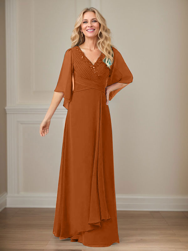 A-Linien V-Ausschnitt langes Pailletten-Chiffon Mutterkleid