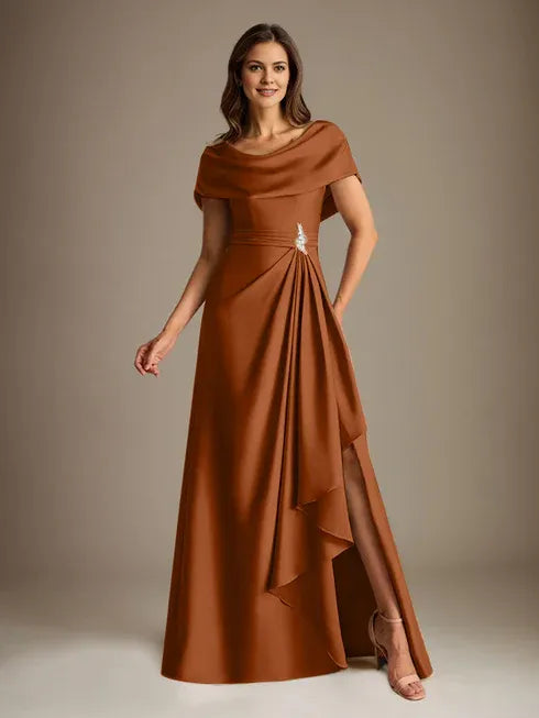 A-Linien-Kleid mit Rundhalsausschnitt, bodenlang, aus Stretch-Satin, Brautmutterkleid mit fallenden Rüschen