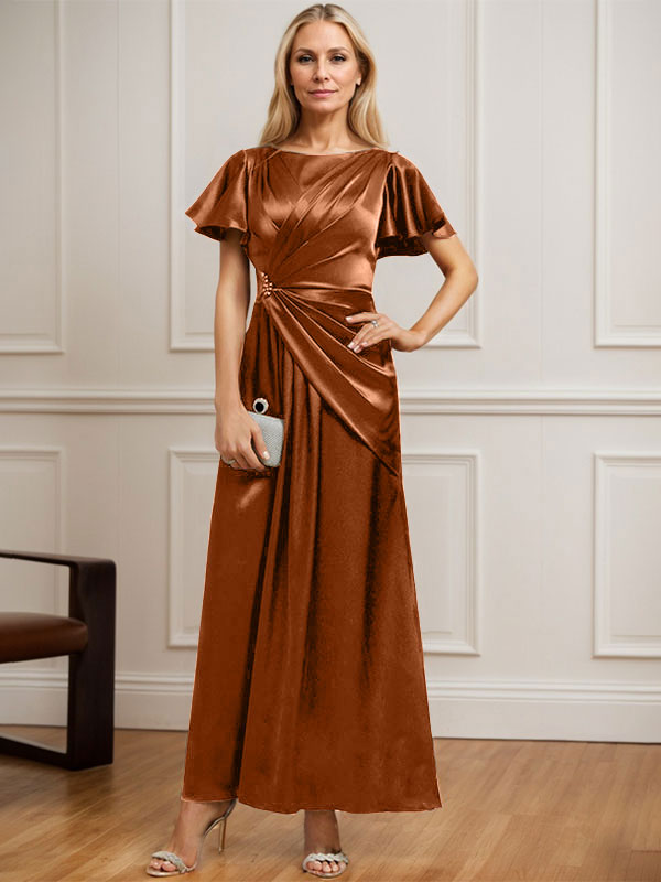 A-Linien Rundhals Knöchellanges Stretch Satin Mutter der Braut Kleid mit Plissierten Perlen