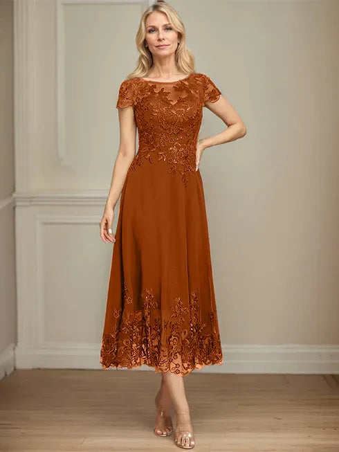 A-Linien Illusions Rundhals tea-langes Spitzenchiffon Mutter der Braut Kleid mit Pailletten