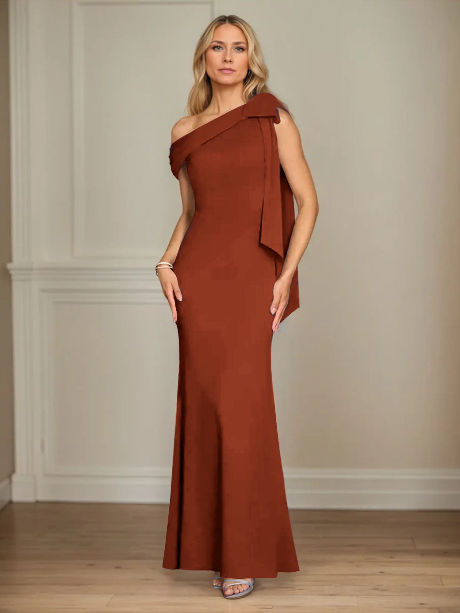 Trumpet/Mermaid Ein-Schulter Ärmelloses Stretch-Crêpe Kleid für die Brautmutter mit Schleife