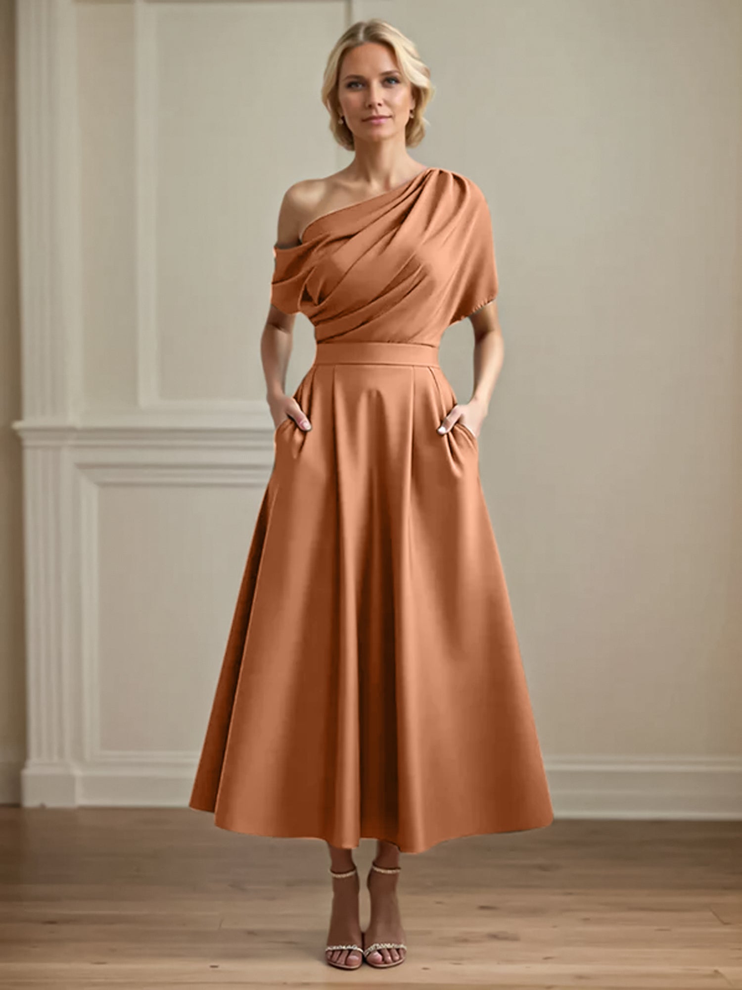 A Line Satin One Shoulder Pleated Ankle Length Mother of the Bride Dress