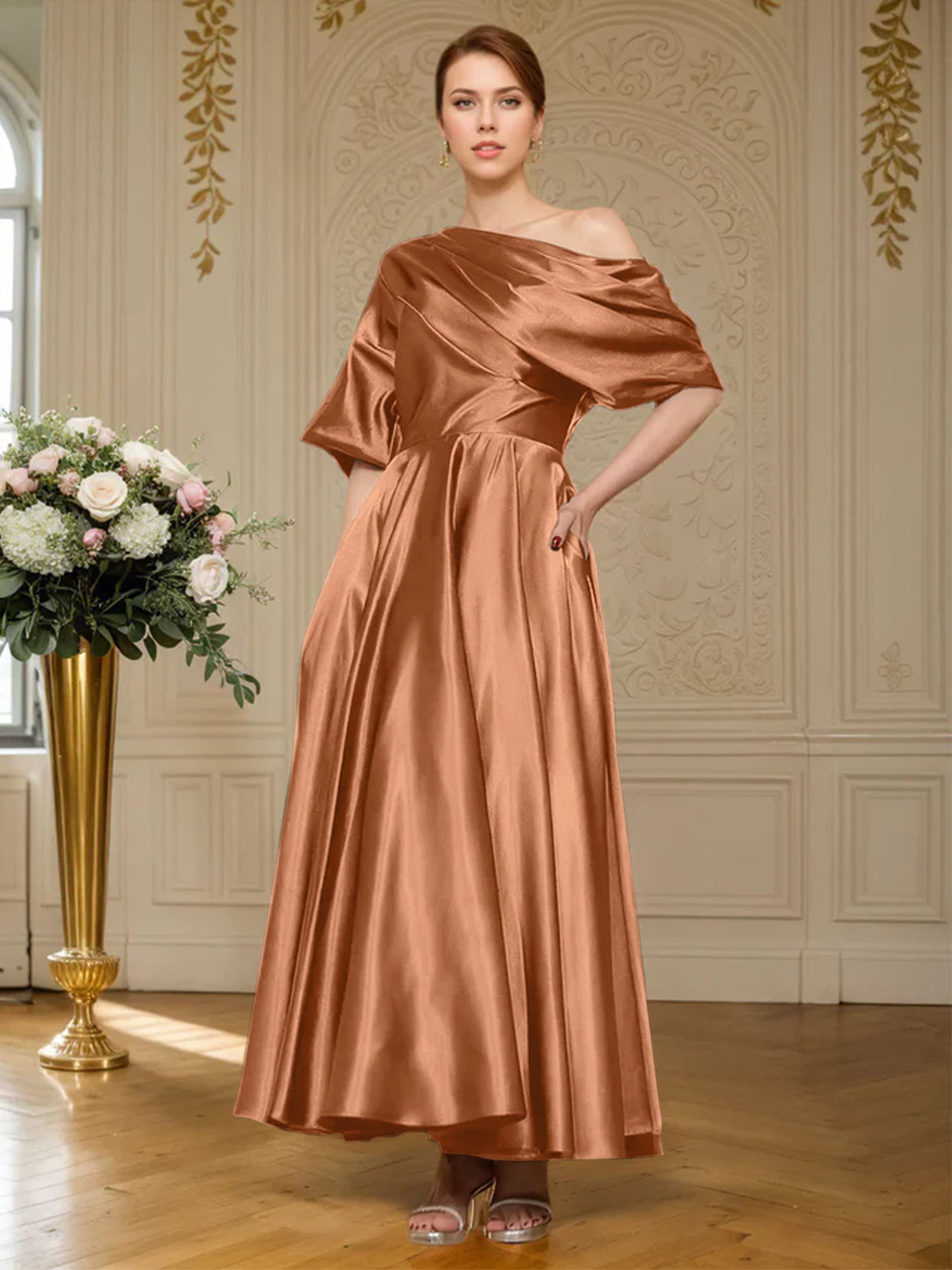 A-Linien Kurzarm plissiertes knöchellanges seidenähnliches Satin Kleid für die Brautmutter