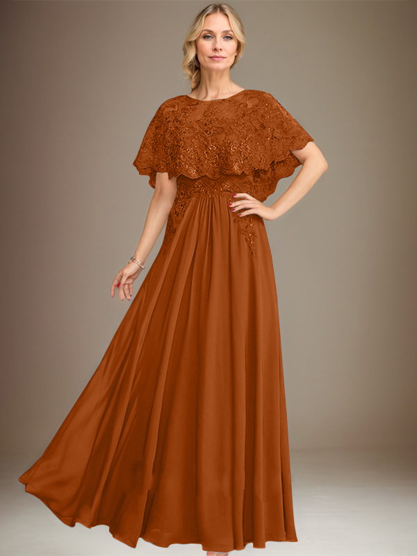 A-Linien Spitzen-Chiffon-Mutter-der-Braut-Kleid mit Bootsausschnitt, bodenlang und Applikations-Pailletten