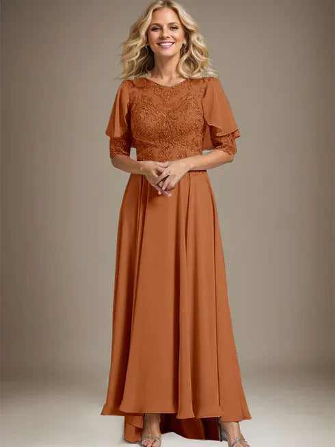 A-Linien Kleid mit Scoop-Ausschnitt, Illusion, asymmetrischem Chiffon und Spitzen, Mutter-der-Braut-Kleid mit Perlenbesatz
