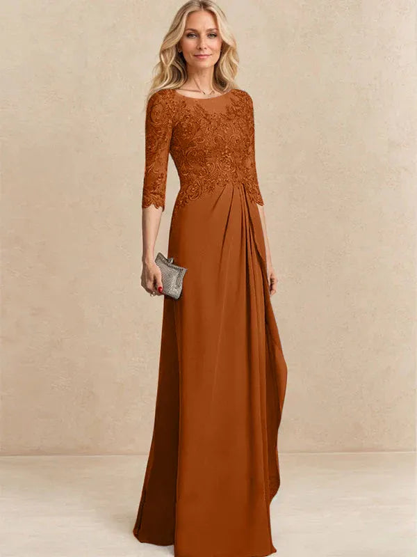 Vestido para la madre de la novia línea A con escote redondo ilusión, largo hasta el suelo, de gasa y encaje con cuentas, lentejuelas y volantes en cascada