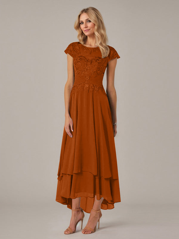 A-Linien Boot-Ausschnitt Illusions asymmetrisches Chiffon-Spitzen Mutterkleid der Braut mit Applikationsfalten