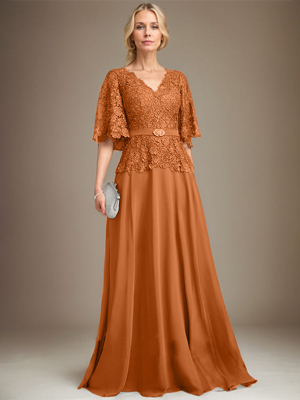 A-Linien V-Ausschnitt Bodenlanges Chiffon-Spitzen Mutter-der-Braut-Kleid mit Kristallbrosche und Strass