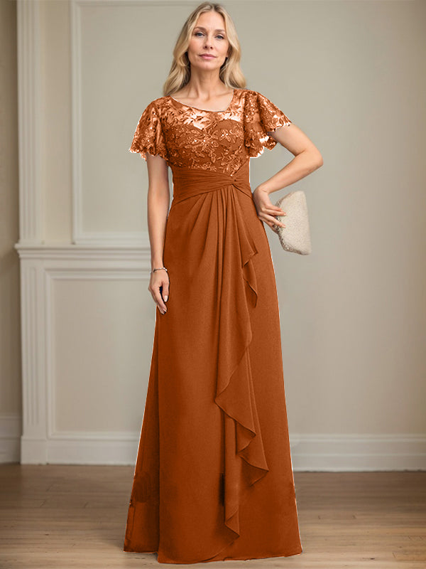 A-Linie asymmetrisches Illusions bodenlanges Spitzen-Chiffon Brautmutterkleid mit kaskadierenden Volants und Pailletten