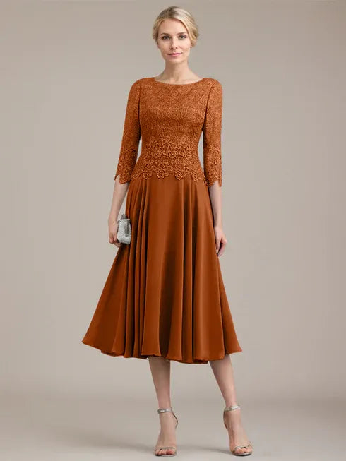 A-Linien Kleid mit Rundhalsausschnitt, tea-länge, Spitze und Chiffon, Mutter der Braut Kleid