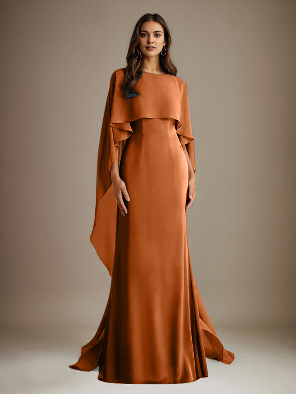 Etuikleid/Säulenkleid Bootsausschnitt bodenlanges Chiffon Mutter-des-Braut-Kleid mit kaskadierenden Rüschen