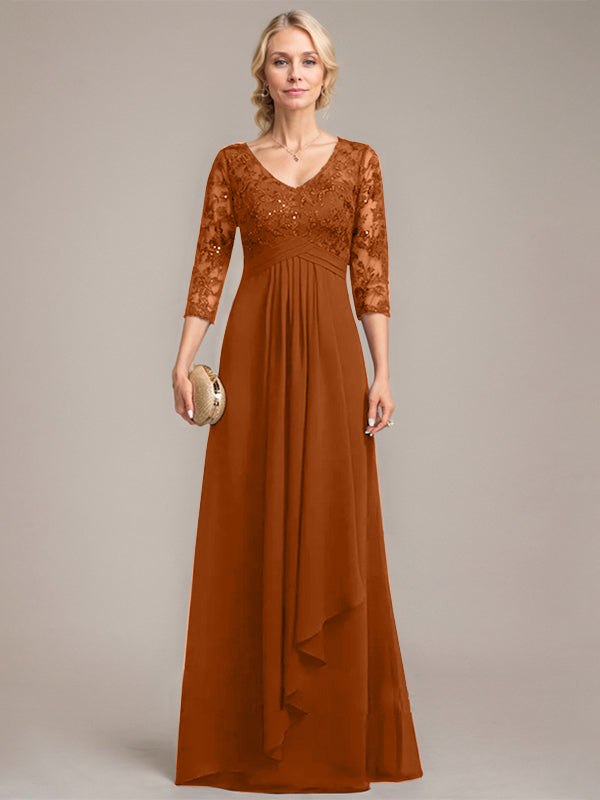 A-Linien V-Ausschnitt bodenlanges Spitzen-Chiffonkleid für die Mutter der Braut mit kaskadierenden Rüschen und Pailletten