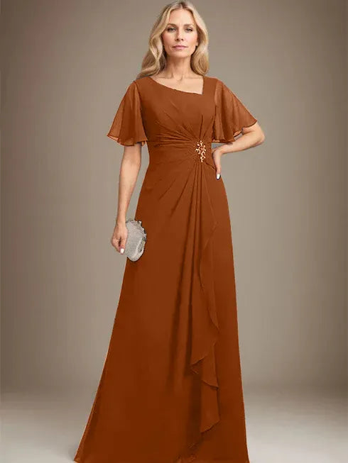 A-Linien asymmetrisches bodenlanges Chiffon Mutter-der-Braut-Kleid mit plissierten Perlen und Pailletten