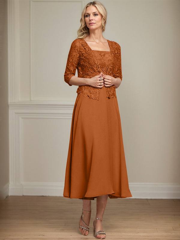 Robe de mère de la mariée en mousseline et dentelle ligne A longueur thé avec perles et sequins