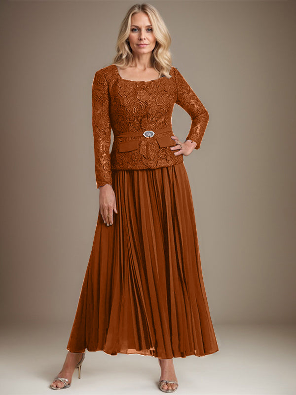 A-Linien-Kleid mit quadratischem Ausschnitt, knöchellang, Chiffon, Mutter der Braut, mit Falten