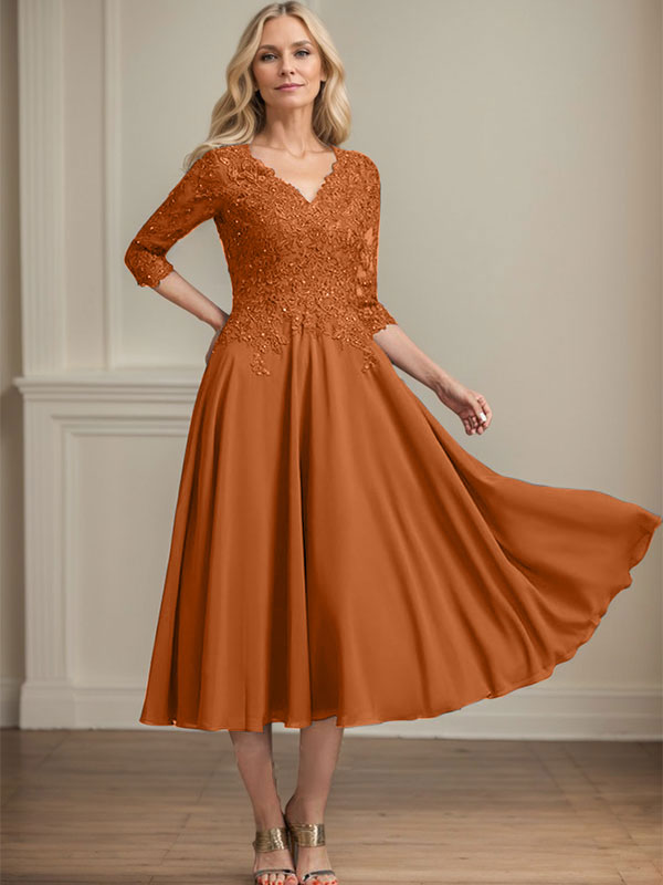 Robe de mère de la mariée en mousseline longueur thé, ligne A, col en V, en dentelle avec perles et sequins