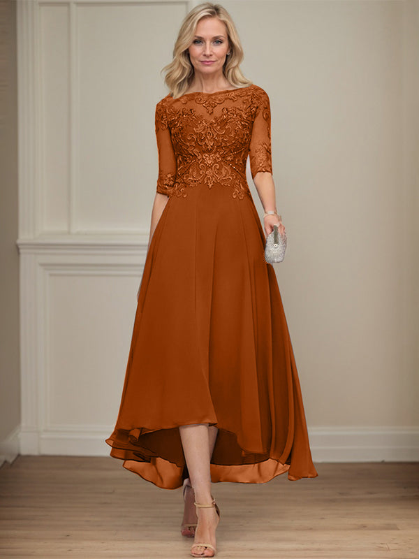A-Linien Bootsausschnitt Illusionskleid mit asymmetrischem Chiffon-Spitzenstoff, Mutter-der-Braut-Kleid mit Paillettenperlen