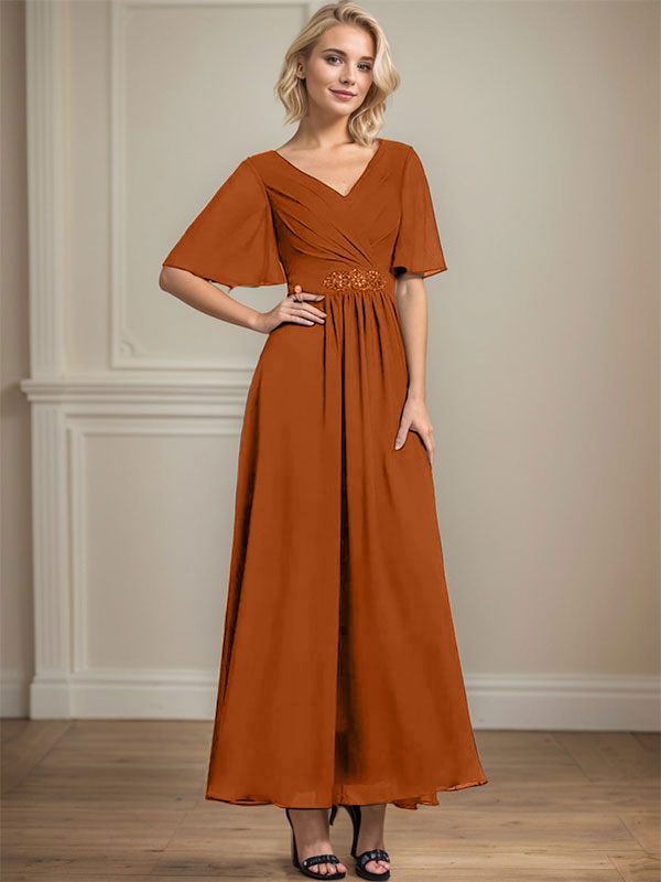 A-Linien V-Ausschnitt Knöchellanges Chiffon Kleid für die Brautmutter mit plissierten Perlen und Pailletten