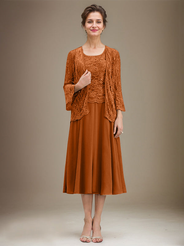 A-Linien Spitzen-Chiffon-Brautmutterkleid mit V-Ausschnitt, tea-length, mit Pailletten