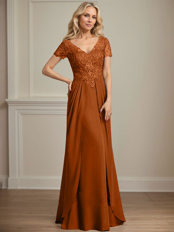 A-Linien Chiffon-Spitzen-Mutter-der-Braut-Kleid mit V-Ausschnitt, bodenlang