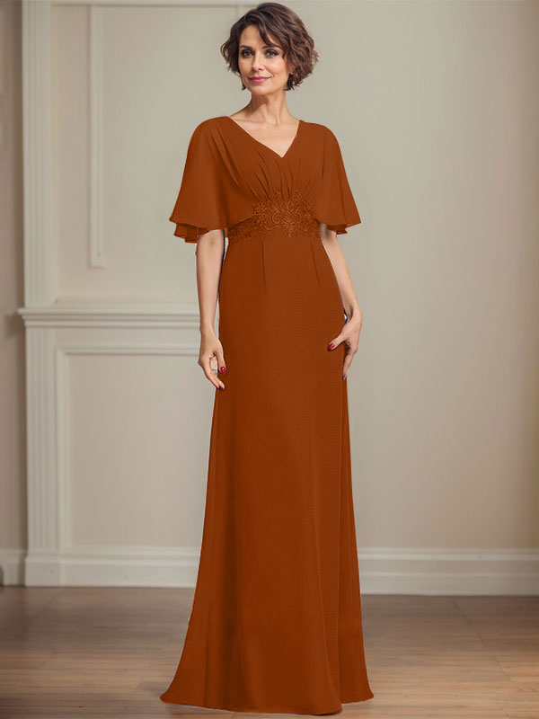 A-Linien Chiffon Mutter-der-Braut-Kleid mit V-Ausschnitt, bodenlang, mit plissierten Pailletten-Applikationen und Spitze