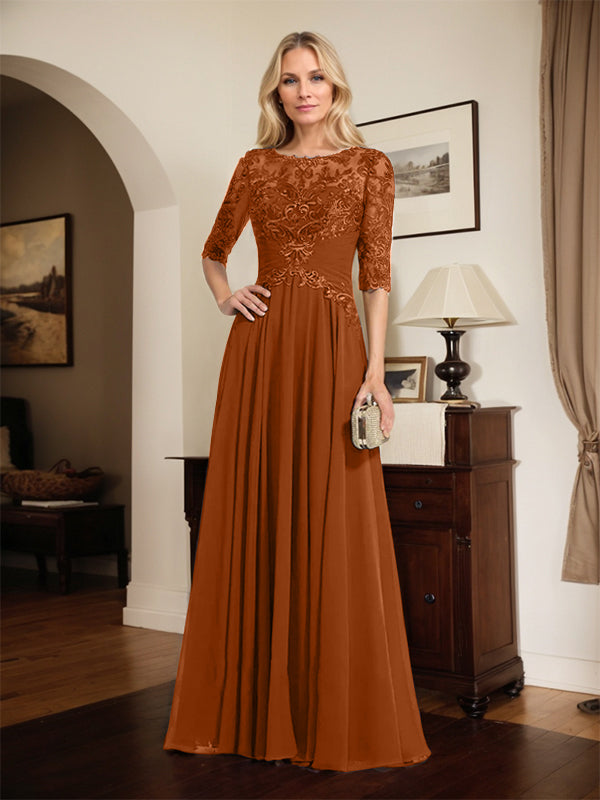 A-Linien Ausschnitt Illusions-Bodenlanges Chiffon-Spitzenkleid für die Mutter der Braut mit plissierten Pailletten