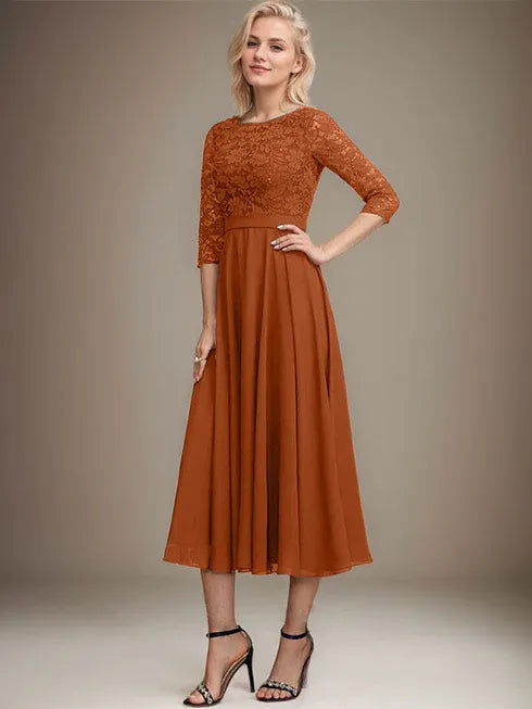 A-Linien Spitzen-Chiffon-Brautmutterkleid mit V-Ausschnitt, tea-length, mit Pailletten