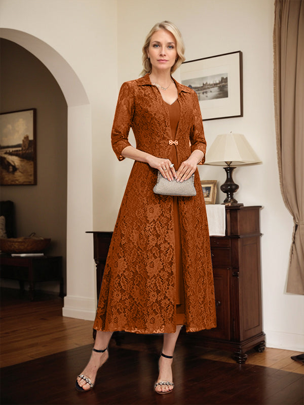 Robe mère de la mariée en mousseline longueur thé à encolure en V et coupe trapèze