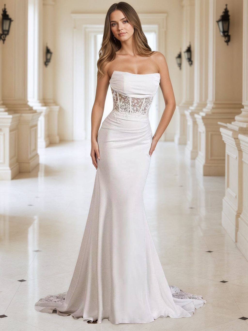 Strapless Applique Wedding Dresses for Women Mermaid Beach Bridal Dress