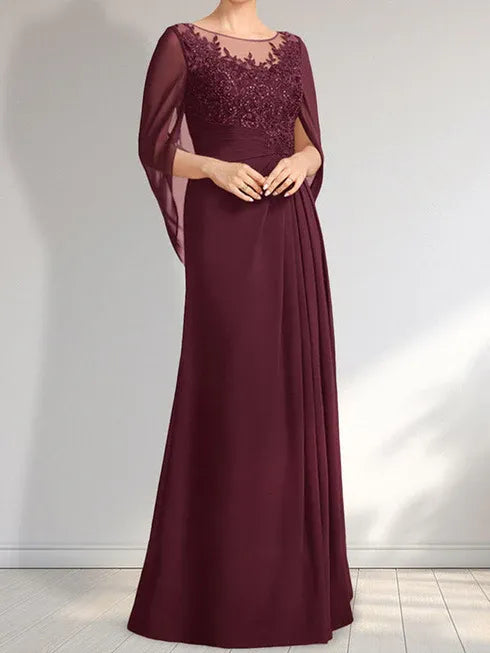 A-Linien Rundhals Illusions bodenlanges Spitzen-Chiffon Kleid für die Brautmutter mit plissierten Pailletten