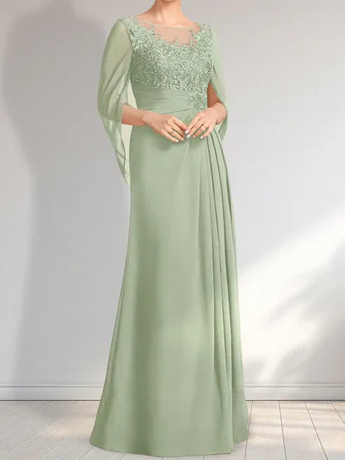 A-Linien Rundhals Illusions bodenlanges Spitzen-Chiffon Kleid für die Brautmutter mit plissierten Pailletten