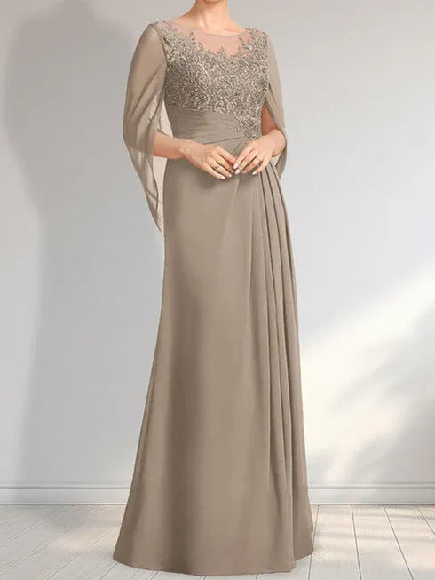 A-Linien Rundhals Illusions bodenlanges Spitzen-Chiffon Kleid für die Brautmutter mit plissierten Pailletten