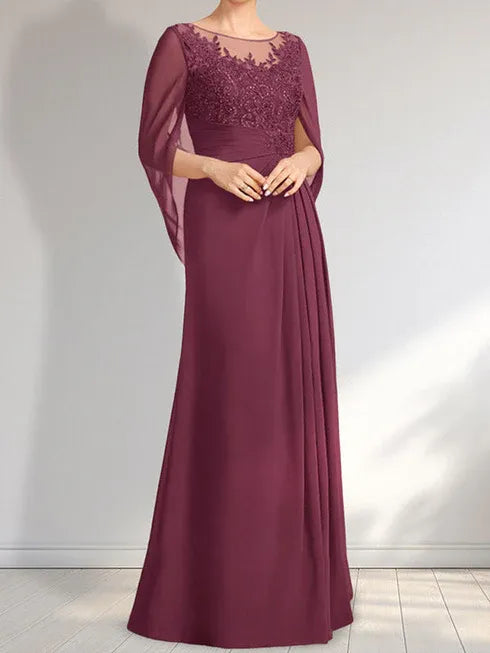 A-Linien Rundhals Illusions bodenlanges Spitzen-Chiffon Kleid für die Brautmutter mit plissierten Pailletten