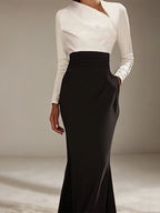 Black&White Evening Formal Dress V Neck Floor-Length Fitted Satin Dress