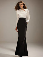 Black&White Evening Formal Dress V Neck Floor-Length Fitted Satin Dress