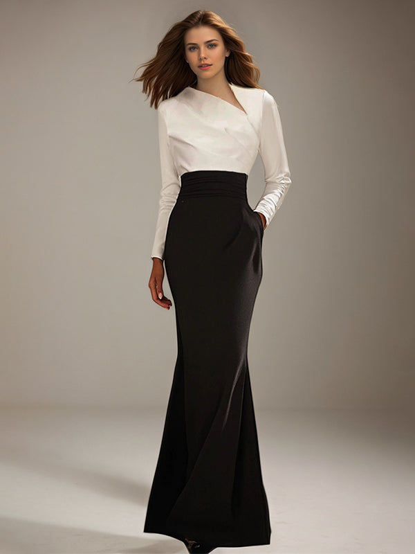 Black&White Evening Formal Dress V Neck Floor-Length Fitted Satin Dress