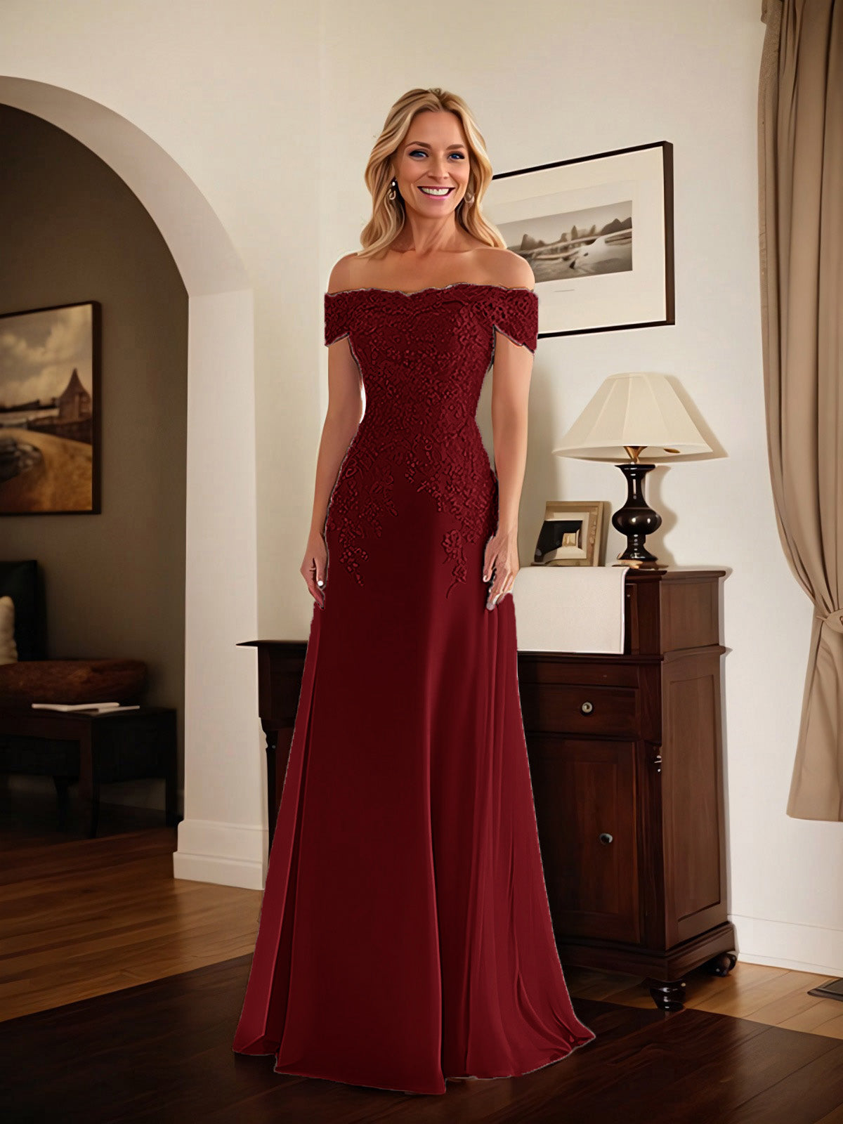 Elegantes taupefarbenes schulterfreies Etuikleid Mutter der Braut Kleid mit Spitze