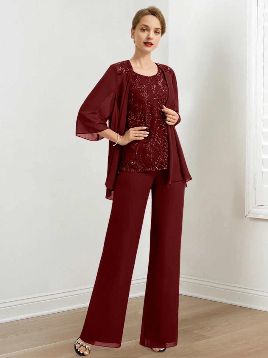 Chiffon Hosenanzüge für die Brautmutter mit Pailletten und Jacke