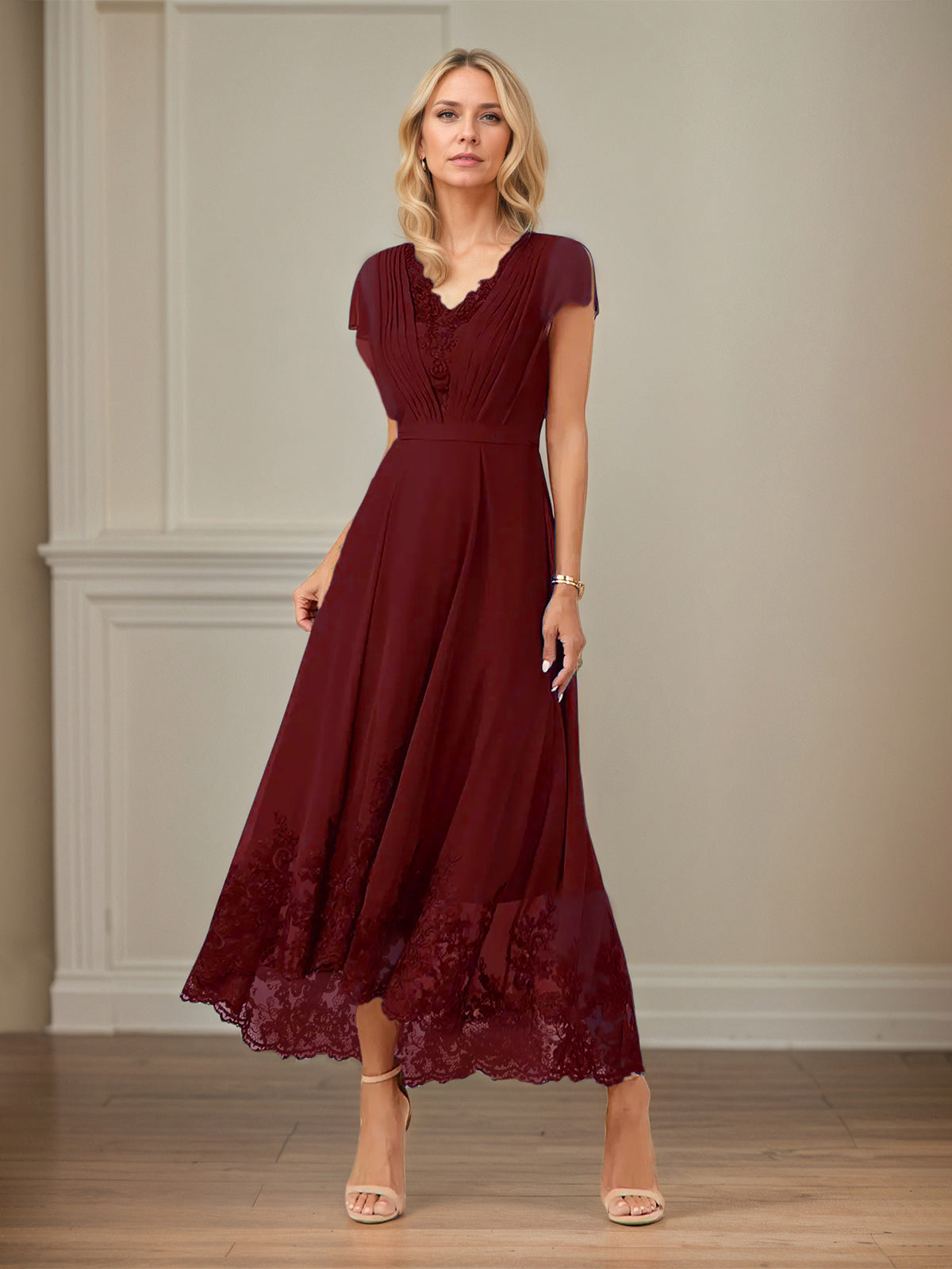 A-Linien Chiffon Kleid mit V-Ausschnitt, flatternden Ärmeln, knöchellang mit Applikationen
